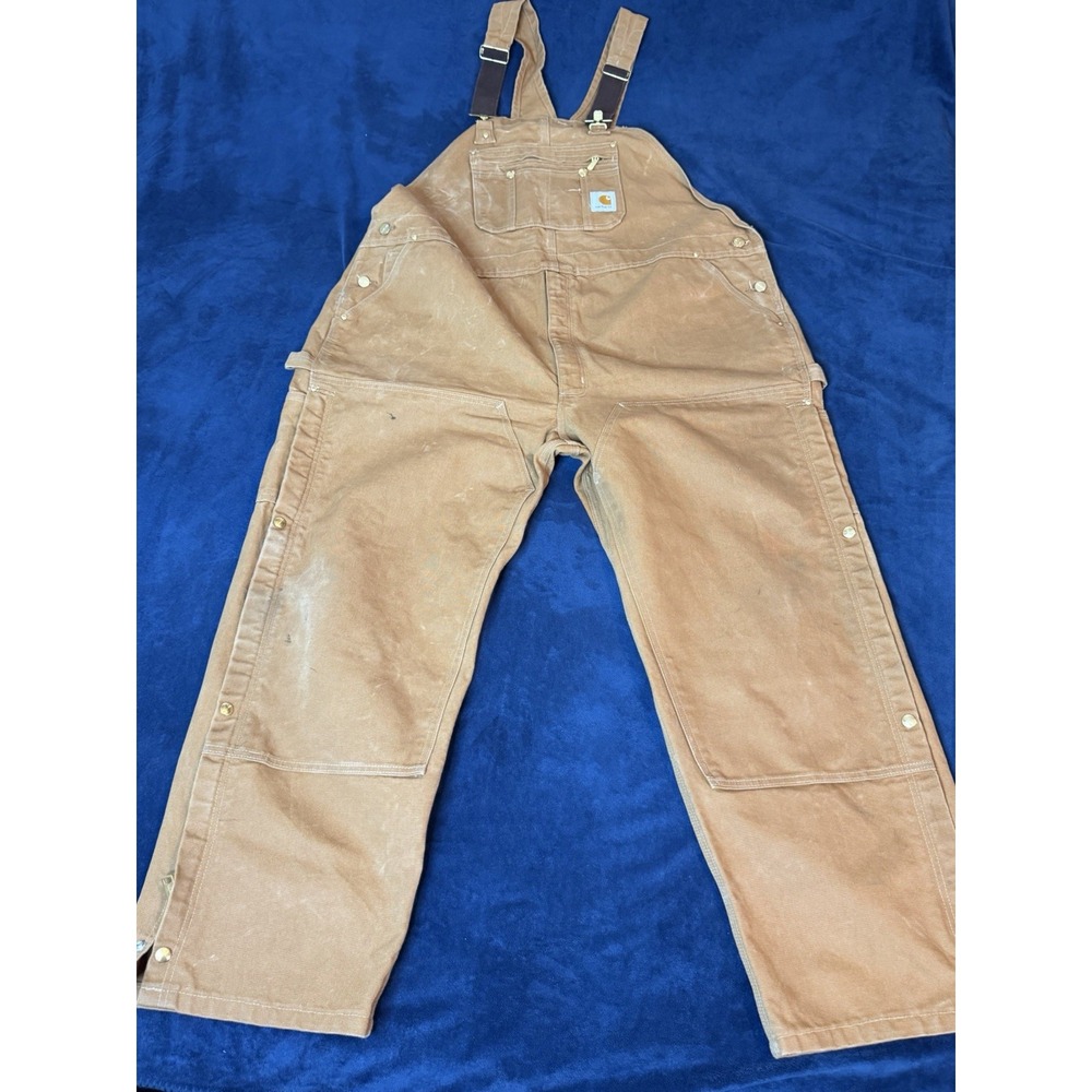 Carhartt Double Knee Bib Overalls 48x30 Brown R37 Duck Canvas Workwear Mens